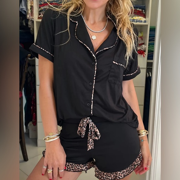 Soft Black Pajama Set w/ Leopard Trim - Picture 1 of 6